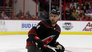 RALEIGH, NC - FEBRUARY 01: Calvin de Haan #44 of the Carolina Hurricanes skates for position on the ice during an NHL game against the Vegas Golden Knights on February 1, 2019 at PNC Arena in Raleigh, North Carolina. (Photo by Gregg Forwerck/NHLI via Getty Images)