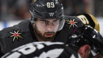 LAS VEGAS, NV - MARCH 03: Alex Tuch #89 of the Vegas Golden Knights prepares for a face off during the third period against the Vancouver Canucks at T-Mobile Arena on March 3, 2019 in Las Vegas, Nevada. (Photo by Jeff Bottari/NHLI via Getty Images)