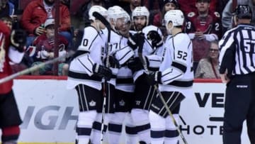 Jan 23, 2016; Glendale, AZ, USA; Los Angeles Kings right wing Dustin Brown (23) celebrates with teammates after scoring a goal in the second period against the Arizona Coyotes at Gila River Arena. Mandatory Credit: Matt Kartozian-USA TODAY Sports