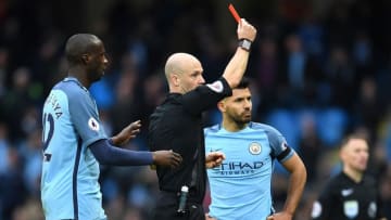 MANCHESTER, ENGLAND - DECEMBER 03: Sergio Aguero (R) of Manchester City is shown a red card by referee Anthony Taylor after fouling David Luiz of Chelsea during the Premier League match between Manchester City and Chelsea at Etihad Stadium on December 3, 2016 in Manchester, England. (Photo by Laurence Griffiths/Getty Images)