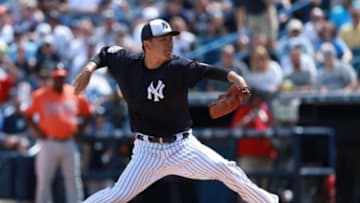 Mar 11, 2016; Tampa, FL, USA; New York Yankees starting pitcher Masahiro Tanaka (19) throws a pitch during the first inning against the Baltimore Orioles at George M. Steinbrenner Field. Mandatory Credit: Kim Klement-USA TODAY Sports