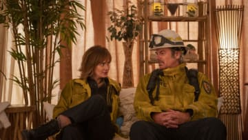 “Watch Your Step” – The station 42 crew responds to an out-of-control blaze at a wellness retreat, and the third rock crew tries to protect one of their own from a dangerous overdose, on FIRE COUNTRY, Friday, April 21 (9:00-10:00 PM, ET/PT) on the CBS Television Network and available to stream live and on demand on Paramount+*. Pictured (L-R): Diane Farr as Sharon Leone and Billy Burke as Vince Leone. Photo: Sergei Bachlakov/CBS ©2023 CBS Broadcasting, Inc. All Rights Reserved.