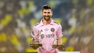NASHVILLE, TN - AUGUST 19: Lionel Messi #10 of Inter Miami CF with awards after the Leagues Cup Final between Inter Miami CF and Nashville SC at GEODIS Park on August 19, 2023 in Nashville, Tennessee. (Photo by John Wilkinson/ISI Photos/Getty Images)