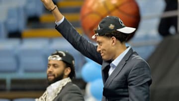 CHAPEL HILL, NC- APRIL 4: Joel Berry II (R) and Justin Jackson of the North Carolina Tar Heels are recognized by having their jerseys retired during their welcome-home reception for the NCAA men's basketball team on April 4, 2017 in Chapel Hill, North Carolina. The Tar Heels defeated the Gonzaga Bulldogs 71-65 yesterday to win the national championship. (Photo by Sara D. Davis/Getty Images)