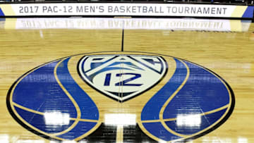 LAS VEGAS, NV - MARCH 08: A Pac-12 basketball logo is displayed on the court before a first-round game of the Pac-12 Basketball Tournament between the Stanford Cardinal and the Arizona State Sun Devils at T-Mobile Arena on March 8, 2017 in Las Vegas, Nevada. (Photo by Ethan Miller/Getty Images)