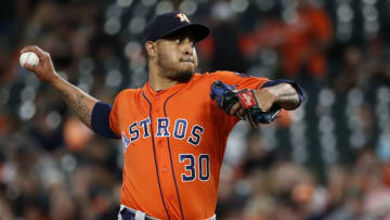 BALTIMORE, MD - SEPTEMBER 29: Hector Rondon #30 of the Houston Astros pitches in the ninth inning against the Baltimore Orioles during Game One of a doubleheader at Oriole Park at Camden Yards on September 29, 2018 in Baltimore, Maryland. (Photo by Patrick McDermott/Getty Images)