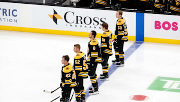 BOSTON, MA - SEPTEMBER 23: Boston lines up before a preseason game between the Boston Bruins and the Philadelphia Flyers on September 23, 2019, at TD Garden in Boston, Massachusetts. (Photo by Fred Kfoury III/Icon Sportswire via Getty Images)