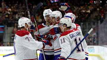 TEMPE, ARIZONA - NOVEMBER 02: Sean Monahan #91 of the Montreal Canadiens celebrates after scoring a goal during the first period with Tanner Pearson #70, Brendan Gallagher #11 and Johnathan Kovacevic #26 against the Arizona Coyotes at Mullett Arena on November 02, 2023 in Tempe, Arizona. (Photo by Zac BonDurant/Getty Images)