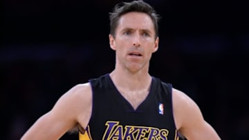 Mar 21, 2014; Los Angeles, CA, USA; Los Angeles Lakers guard Steve Nash (10) during the first half of the game against the Washington Wizards at Staples Center. Mandatory Credit: Jayne Kamin-Oncea-USA TODAY Sports