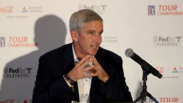ATLANTA, GEORGIA - SEPTEMBER 02: PGA TOUR Commissioner Jay Monahan speaks to the media prior to the TOUR Championship at East Lake Golf Club on September 02, 2020 in Atlanta, Georgia. (Photo by Sam Greenwood/Getty Images)
