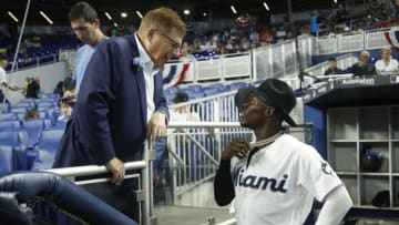 MIAMI, FLORIDA - APRIL 14: Owner Bruce Sherman of the Miami Marlins talks with Jazz Chisholm Jr. #2 against the Philadelphia Phillies during batting practice prior to the game at loanDepot park on April 14, 2022 in Miami, Florida. (Photo by Michael Reaves/Getty Images)