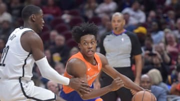 Feb 13, 2019; Cleveland, OH, USA; Cleveland Cavaliers guard Collin Sexton (2) drives against Brooklyn Nets guard Caris LeVert (22) in the second quarter at Quicken Loans Arena. Mandatory Credit: David Richard-USA TODAY Sports