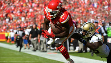 KANSAS CITY, MO - OCTOBER 23: Wide receiver Tyreek Hill #10 of the Kansas City Chiefs leaps and catches a touchdown pass over cornerback Ken Crawley #46 of the New Orleans Saints at Arrowhead Stadium during the second quarter of the game on October 23, 2016 in Kansas City, Missouri. (Photo by Peter Aiken/Getty Images)