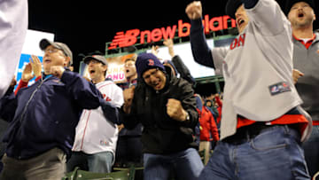 BOSTON, MA - OCTOBER 5: Fans celebrate the second out in the ninth inning during Game 1 of the ALDS between the New York Yankees and the Boston Red Sox at Fenway Park on Friday, October 5, 2018 in Boston, Massachusetts. (Photo by Alex Trautwig/MLB Photos via Getty Images)