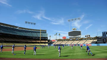October 8, 2015; Los Angeles, CA, USA; General view as New York Mets throw during workouts before game one of the NLDS at Dodger Stadium. Mandatory Credit: Gary A. Vasquez-USA TODAY Sports