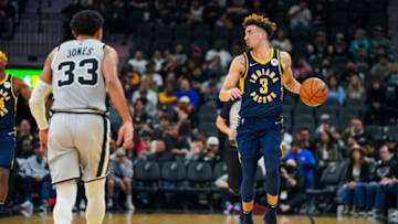 Mar 12, 2022; San Antonio, Texas, USA; Indiana Pacers guard Chris Duarte (3) dribbles up the court in the second half against the San Antonio Spurs at the AT&T Center. Mandatory Credit: Daniel Dunn-USA TODAY Sports