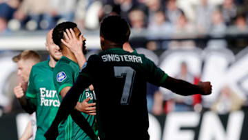 ALMELO, NETHERLANDS - APRIL 10: Reiss Nelson of Feyenoord celebrates 1-2 during the Dutch Eredivisie match between Heracles Almelo v Feyenoord at the Polman Stadium on April 10, 2022 in Almelo Netherlands (Photo by Pim Waslander/Soccrates/Getty Images)
