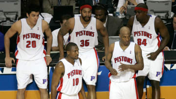 Carlos Delfino #20, Lindsey HUnter #10, Rasheed Wallace #36, Chauncey Billups #1 and Chris Webber #84 of the Detroit Pistons (Photo by Dave Sandford/Getty Images)