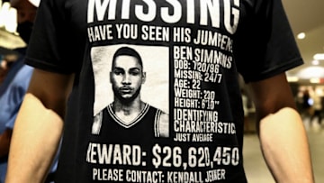 PHILADELPHIA, PENNSYLVANIA - OCTOBER 22: A spectator displays a T-shirt during a game between the Philadelphia 76ers and the Brooklyn Nets at Wells Fargo Center on October 22, 2021 in Philadelphia, Pennsylvania. NOTE TO USER: User expressly acknowledges and agrees that, by downloading and or using this photograph, User is consenting to the terms and conditions of the Getty Images License Agreement. (Photo by Tim Nwachukwu/Getty Images)