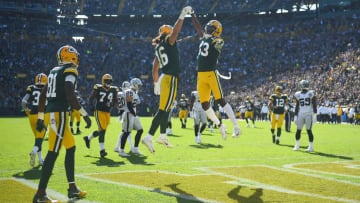 GREEN BAY, WISCONSIN - OCTOBER 20: Jake Kumerow #16 of the Green Bay Packers celebrates with Marquez Valdes-Scantling #83 after scoring a touchdown during the second quarter against the Oakland Raiders in the game at Lambeau Field on October 20, 2019 in Green Bay, Wisconsin. (Photo by Stacy Revere/Getty Images)
