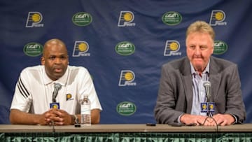 May 16, 2016; Indianapolis, IN, USA; Indiana Pacers president of basketball operations Larry Bird announces Nate McMillan as the new head coach during a press conference at Bankers Life Fieldhouse. Mandatory Credit: Trevor Ruszkowski-USA TODAY Sports