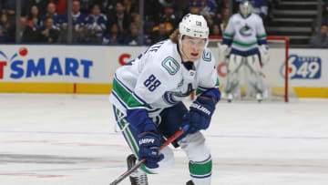 TORONTO, ON - FEBRUARY 29: Adam Gaudette #88 of the Vancouver Canucks skates against the Toronto Maple Leafs during an NHL game at Scotiabank Arena on February 29, 2020 in Toronto, Ontario, Canada. The Maple Leafs defeated the Canucks 4-2. (Photo by Claus Andersen/Getty Images)