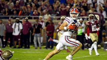 Nov 25, 2022; Tallahassee, Florida, USA; Florida Gators wide receiver Ricky Pearsall (1) catches a pass for a touchdown during the first half against the Florida State Seminoles at Doak S. Campbell Stadium. Mandatory Credit: Melina Myers-USA TODAY Sports
