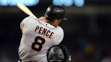 Sep 10, 2016; Phoenix, AZ, USA; San Francisco Giants right fielder Hunter Pence (8) hits a home run in the seventh inning against the Arizona Diamondbacks at Chase Field. Mandatory Credit: Joe Camporeale-USA TODAY Sports