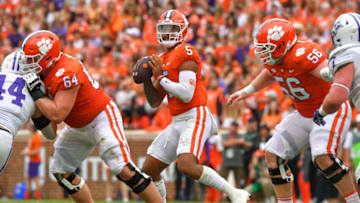 Sep 10, 2022; Clemson, South Carolina, USA; Clemson Tigers quarterback D.J. Uiagalelei (5) passes the ball against the Furman Paladins during the second quarter at Memorial Stadium. Mandatory Credit: Ken Ruinard-USA TODAY Sports