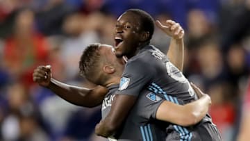 HARRISON, NEW JERSEY - APRIL 06: Abu Danladi #99 of Minnesota United celebrates his goal with teammate Jan Gregus #8 in the first half against the New York Red Bulls at Red Bull Arena on April 06, 2019 in Harrison, New Jersey. (Photo by Elsa/Getty Images)