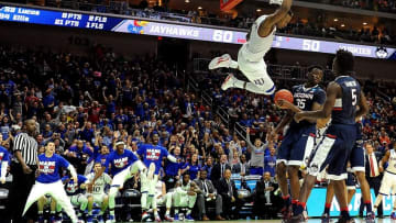 Mar 19, 2016; Des Moines, IA, USA; Kansas Jayhawks guard Wayne Selden Jr. (1) dunks the ball in the second half against the Connecticut Huskies during the second round of the 2016 NCAA Tournament at Wells Fargo Arena. Mandatory Credit: Steven Branscombe-USA TODAY Sports