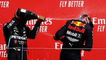 Lewis Hamilton, Mercedes, and Max Verstappen, Red Bull, Formula 1 (Photo by Frank Augstein/Pool via Getty Images)