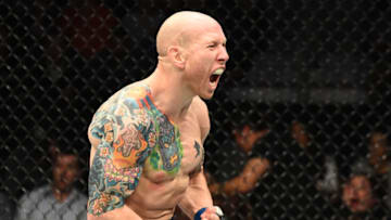 WINNIPEG, CANADA - DECEMBER 16: Josh Emmett celebrates his knockout victory over Ricardo Lamas in their featherweight bout during the UFC Fight Night event at Bell MTS Place on December 16, 2017 in Winnipeg, Manitoba, Canada. (Photo by Josh Hedges/Zuffa LLC/Zuffa LLC via Getty Images)