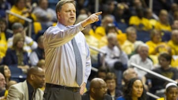 Jan 30, 2016; Morgantown, WV, USA; West Virginia Mountaineers head coach Mike Carey reacts on the sidelines during the second half against the Baylor Bears at WVU Coliseum. Mandatory Credit: Ben Queen-USA TODAY Sports