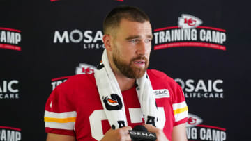 Jul 24, 2023; St. Joseph, MO, USA; Kansas City Chiefs tight end Travis Kelce (87) answers questions from reporters during training camp at Missouri Western State University. Mandatory Credit: Denny Medley-USA TODAY Sports