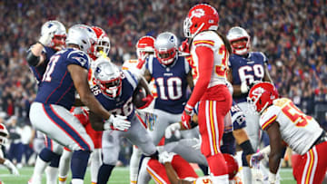 FOXBOROUGH, MA - OCTOBER 14: Sony Michel #26 of the New England Patriots scores a touchdown in the first quarter of a game against the Kansas City Chiefs at Gillette Stadium on October 14, 2018 in Foxborough, Massachusetts. (Photo by Adam Glanzman/Getty Images)