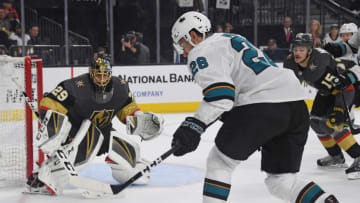 LAS VEGAS, NEVADA - APRIL 16: Marc-Andre Fleury #29 of the Vegas Golden Knights defends the net against Timo Meier #28 of the San Jose Sharks in the first period of Game Four of the Western Conference First Round during the 2019 NHL Stanley Cup Playoffs at T-Mobile Arena on April 16, 2019 in Las Vegas, Nevada. The Golden Knights defeated the Sharks 5-0 to take a 3-1 lead in the series. (Photo by Ethan Miller/Getty Images)