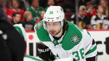 CHICAGO, IL - FEBRUARY 24: Mats Zuccarello #36 of the Dallas Stars waits for the puck-drop in the first period against the Chicago Blackhawks at the United Center on February 24, 2019 in Chicago, Illinois. (Photo by Chase Agnello-Dean/NHLI via Getty Images)