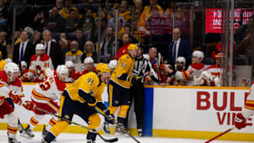 NASHVILLE, TN - APRIL 19: Matt Duchene #95 of the Nashville Predators skates the puck against the Calgary Flames during the third period at Bridgestone Arena on April 19, 2022 in Nashville, Tennessee. (Photo by Brett Carlsen/Getty Images)