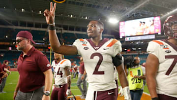 MIAMI, FLORIDA - OCTOBER 05: Hendon Hooker #2 of the Virginia Tech Hokies reacts after defeating the Miami Hurricanes 42-35 at Hard Rock Stadium on October 05, 2019 in Miami, Florida. (Photo by Michael Reaves/Getty Images)