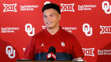 Oklahoma quarterback Dillon Gabriel speaks during media day for the University of Oklahoma football at the Gaylord Family Oklahoma Memorial Stadium in Norman, Okla., Tuesday, Aug., 2, 2022.Ou Fb Media Day