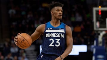 MINNEAPOLIS, MN - OCTOBER 19: Jimmy Butler #23 of the Minnesota Timberwolves dribbles the ball against the Cleveland Cavaliers during the game on October 19, 2018 at the Target Center in Minneapolis, Minnesota. The Timberwolves defeated the Cavaliers 131-123. NOTE TO USER: User expressly acknowledges and agrees that, by downloading and or using this Photograph, user is consenting to the terms and conditions of the Getty Images License Agreement. (Photo by Hannah Foslien/Getty Images)