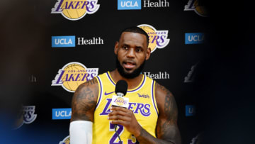 EL SEGUNDO, CA - SEPTEMBER 24: LeBron James #23 of the Los Angeles Lakers is seen talking to the media during media day at UCLA Health Training Center on September 24, 2018 in El Segundo, California. NOTE TO USER: User expressly acknowledges and agrees that, by downloading and/or using this Photograph, user is consenting to the terms and conditions of the Getty Images License Agreement. Mandatory Copyright Notice: Copyright 2018 NBAE (Photo by Adam Pantozzi/NBAE via Getty Images)