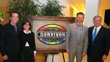 BEVERLY HILLS, CA - FEBRUARY 17: (L-R) Television host Jeff Probst, CBS Entertainment Chairman Nina Tassler,producer Mark Burnett and President and Chief Executive Officer of CBS Corporation Leslie Moonves attend the 'Survivor: 15 Years, 30 Seasons' celebration held at The Paley Center for Media on February 17, 2015 in Beverly Hills, California. (Photo by Mark Davis/Getty Images)