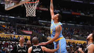 LOS ANGELES, CA - APRIL 4: Channing Frye #12 of the Los Angeles Lakers dunks against the San Antonio Spurs on April 4, 2018 at STAPLES Center in Los Angeles, California. NOTE TO USER: User expressly acknowledges and agrees that, by downloading and/or using this Photograph, user is consenting to the terms and conditions of the Getty Images License Agreement. Mandatory Copyright Notice: Copyright 2018 NBAE (Photo by Andrew D. Bernstein/NBAE via Getty Images)