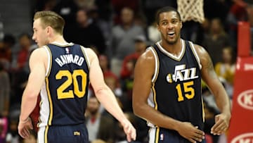 Nov 15, 2015; Atlanta, GA, USA; Utah Jazz forward Gordon Hayward (20) and forward Derrick Favors (15) react after defeating the Atlanta Hawks at Philips Arena. The Jazz defeated the Hawks 97-96. Mandatory Credit: Dale Zanine-USA TODAY Sports