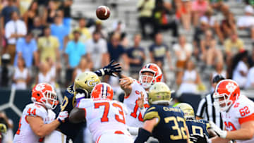 ATLANTA, GA - SEPTEMBER 22: Trevor Lawrence #16 of the Clemson Tigers passes for a 53 yard touchdown against the Georgia Tech Yellow Jackets on September 22, 2018 in Atlanta, Georgia. (Photo by Scott Cunningham/Getty Images)