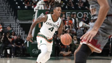 CORAL GABLES, FL - FEBRUARY 24: Miami guard Lonnie Walker IV (4) plays during a college basketball game between the Boston College Eagles and the Miami Hurricanes on February 24, 2018, at the Watsco Center in Coral Gables, FL. Miami defeated Boston College 79-78. (Photo by Richard C. Lewis/Icon Sportswire via Getty Images)
