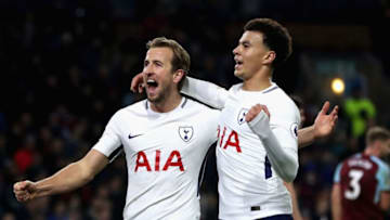 BURNLEY, ENGLAND - DECEMBER 23: Harry Kane of Tottenham Hotspur celebrates with Dele Alli after scoring his sides second goal during the Premier League match between Burnley and Tottenham Hotspur at Turf Moor on December 23, 2017 in Burnley, England. (Photo by Ian MacNicol/Getty Images)