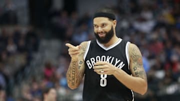Feb 28, 2015; Dallas, TX, USA; Brooklyn Nets guard Deron Williams (8) smiles from the court prior to the game against the Dallas Mavericks at American Airlines Center. Mandatory Credit: Tim Heitman-USA TODAY Sports